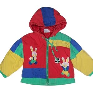 Vintage Frost-Fighter Toddler Puffer Jacket 18M Colorblock Bunny Appliqué